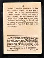 1914 E145 Cracker Jack #110 Bob Bescher New York (National) - Back