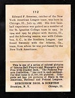 1914 E145 Cracker Jack #112 Jeff Sweeney New York (American) - Back