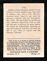1914 E145 Cracker Jack #115 Addison Brennan Chicago (Federal) - Back