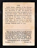 1914 E145 Cracker Jack #116 Rollie Zeider Chicago (Federal) - Back