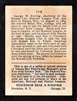1914 E145 Cracker Jack #119 George Perring Kansas City (Federal) - Back