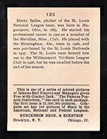1914 E145 Cracker Jack #123 Harry Sallee St. Louis (National) - Back
