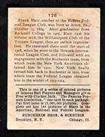 1914 E145 Cracker Jack #126 Walter Blair Buffalo (Federal) - Back