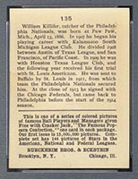 1914 E145 Cracker Jack #135 Bill Killifer (Killefer) Philadelphia (National) - Back