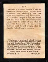 1914 E145 Cracker Jack #137 William Rariden Indianapolis (Federal) - Back