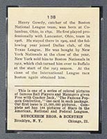 1914 E145 Cracker Jack #138 Henry Gowdy Boston (National) - Back