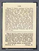 1914 E145 Cracker Jack #139 Rebel Oakes Pittsburgh (Federal) - Back