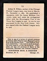 1914 E145 Cracker Jack #13 Art Wilson Chicago (Federal) - Back