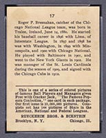 1914 E145 Cracker Jack #17 Roger Bresnahan (with number) Chicago (National) - Back