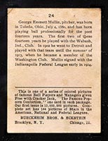 1914 E145 Cracker Jack #24 George Mullen (Mullin) Indianapolis (Federal) - Back
