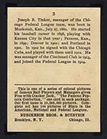 1914 E145 Cracker Jack #3 Joe Tinker Chicago (Federal) - Back
