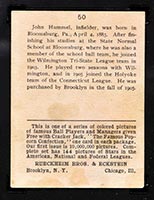 1914 E145 Cracker Jack #50 John Hummell (Hummel) Brooklyn (National) - Back