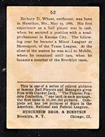 1914 E145 Cracker Jack #52 Zach Wheat Brooklyn (National) - Back