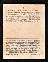 1914 E145 Cracker Jack #58 Walter Schang Philadelphia (American) - Back