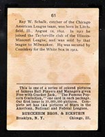 1914 E145 Cracker Jack #61 Ray Schalk Chicago (American) - Back