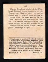 1914 E145 Cracker Jack #63 Charles Adams Pittsburgh (National) - Back