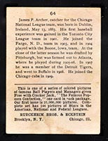 1914 E145 Cracker Jack #64 James Archer Chicago (National) - Back