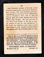 1914 E145 Cracker Jack #67 Otis Crandall St. Louis (Federal) - Back