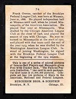 1914 E145 Cracker Jack #74 Frank Owens Brooklyn (Federal) - Back
