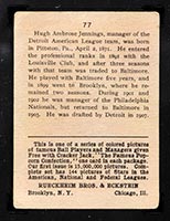 1914 E145 Cracker Jack #77 Hugh Jennings Detroit (American) - Back