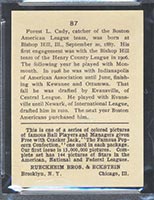 1914 E145 Cracker Jack #87 Hick Cady Boston (American) - Back