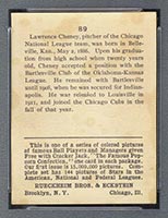 1914 E145 Cracker Jack #89 Lawrence Cheney Chicago (National) - Back