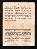 1914 E145 Cracker Jack #8 Rube Oldring Philadelphia (American) - Back