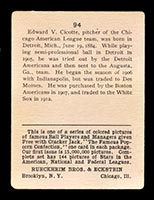 1914 E145 Cracker Jack #94 Edward Cicotte Chicago (American) - Back
