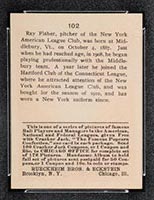 1915 E145-2 Cracker Jack #102 Ray Fisher New York (American) - Back