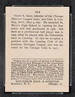 1915 E145-2 Cracker Jack #104 Vic Saier Chicago (National) - Back