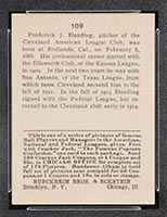 1915 E145-2 Cracker Jack #109 Fred Blanding Cleveland (American) - Back