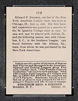 1915 E145-2 Cracker Jack #112 Jeff Sweeney New York (American) - Back