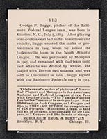 1915 E145-2 Cracker Jack #113 George Suggs Baltimore (Federal) - Back