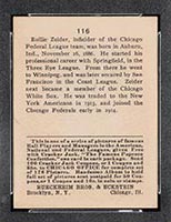 1915 E145-2 Cracker Jack #116 Rollie Zeider Chicago (Federal) - Back