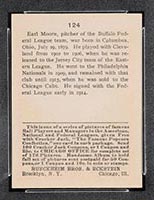 1915 E145-2 Cracker Jack #124 Earle (Earl) Moore Buffalo (Federal) - Back