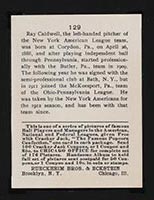 1915 E145-2 Cracker Jack #129 Ray Caldwell New York (American) - Back