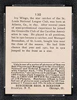 1915 E145-2 Cracker Jack #130 Ivy Wingo St. Louis (National) - Back