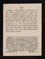 1915 E145-2 Cracker Jack #136 Rabbit Maranville Boston (National) - Back