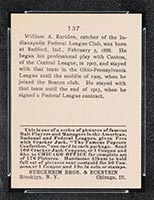 1915 E145-2 Cracker Jack #137 William Rariden Indianapolis (Federal) - Back