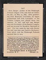 1915 E145-2 Cracker Jack #141 Eros Barger Pittsburgh (Federal) - Back