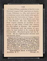 1915 E145-2 Cracker Jack #148 Owen Wilson St. Louis (National) - Back
