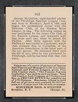 1915 E145-2 Cracker Jack #152 George McQuillen (McQuillan) Pittsburgh (National) - Back
