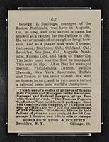 1915 E145-2 Cracker Jack #162 George Stallings Boston (National) - Back