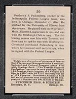 1915 E145-2 Cracker Jack #20 Fred Falkenberg Indianapolis (Federal) - Back
