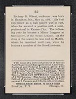 1915 E145-2 Cracker Jack #52 Zach Wheat Brooklyn (National) - Back