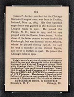 1915 E145-2 Cracker Jack #64 James Archer Chicago (National) - Back