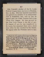 1915 E145-2 Cracker Jack #67 Otis Crandall St. Louis (Federal) - Back