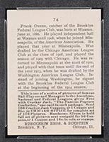1915 E145-2 Cracker Jack #74 Frank Owens Brooklyn (Federal) - Back