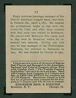 1915 E145-2 Cracker Jack #77 Hugh Jennings Detroit (American) - Back