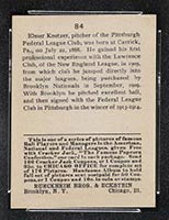 1915 E145-2 Cracker Jack #84 Elmer Knetzer Pittsburgh (Federal) - Back